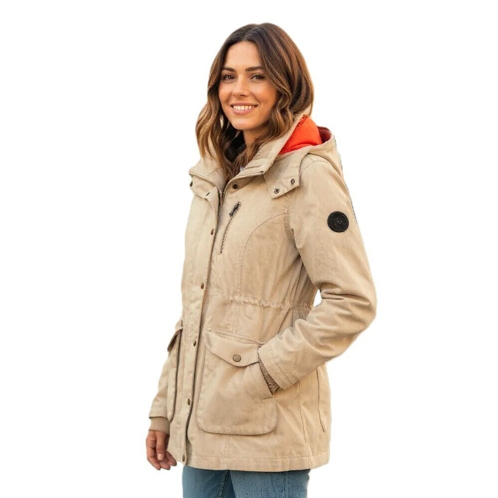 Vans Women’s Hooded Coat M Large Pockets Beige Red Lining Zip + Snaps